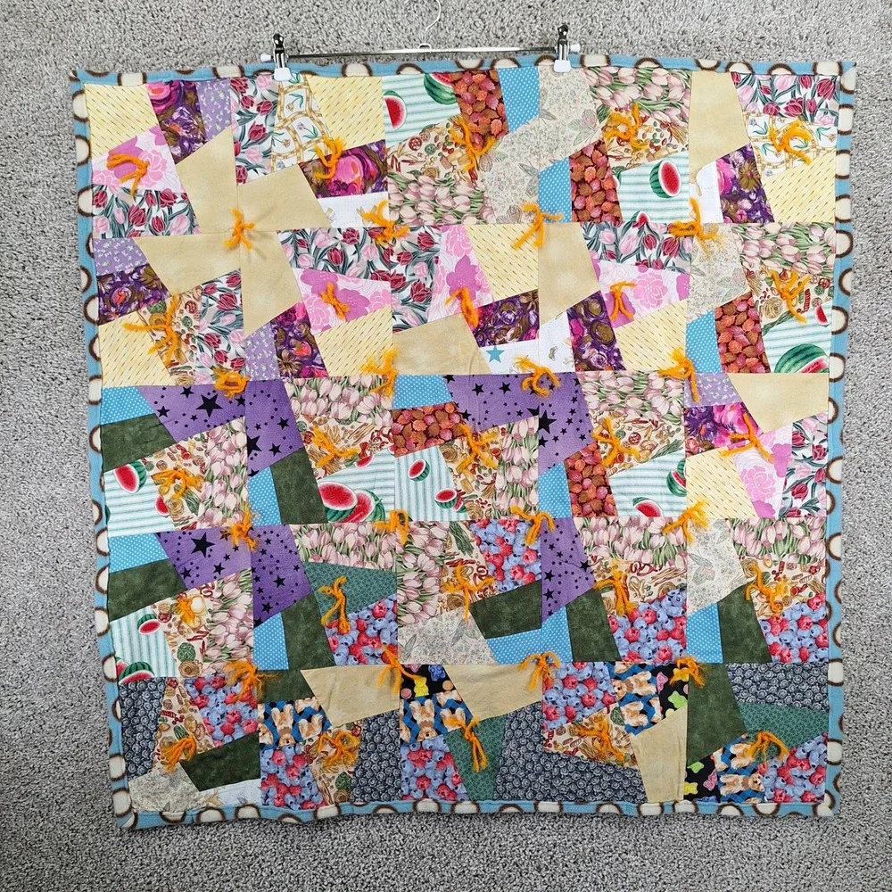 Handmade Quilt 38.5x38.5 Throw Multicolor Patchwork Crazy Quilt Fleece Backing